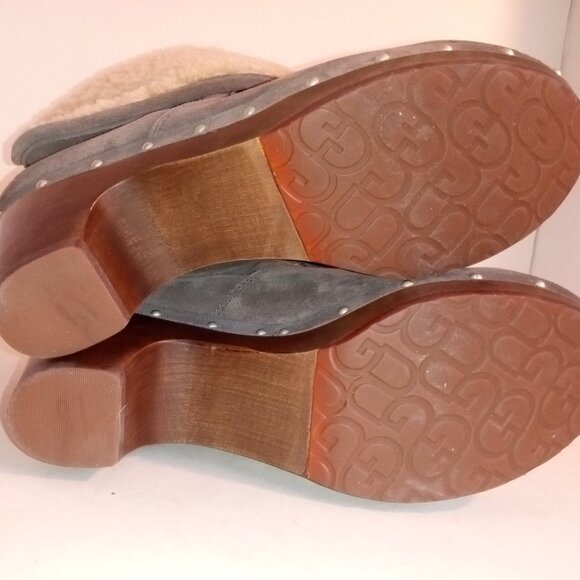 UGG Lynnea Wm 7US/38EU Gray Suede Shearling Ankle Boots Wooden Clog Soles - Picture 11 of 12